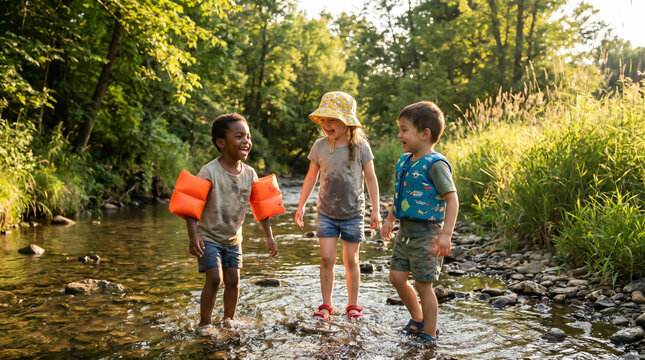 Group of three young children wearing colorful arm floaties laugh while wading through a shallow natural creek on a sunny summer day, representing childhood friendship, outdoor water play, and summer