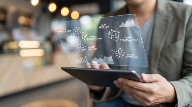 Professional businessman using digital tablet with futuristic holographic interface for customer segmentation data analytics marketing strategy audience targeting and market research analysis in cafe.