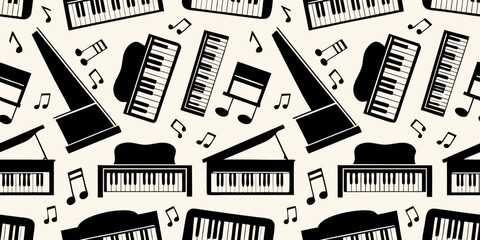 Seamless pattern of pianos musical notes and clef symbols © Huraya