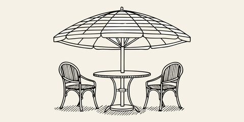 Outdoor cafe table and chairs with parasol line art illustration © Huraya