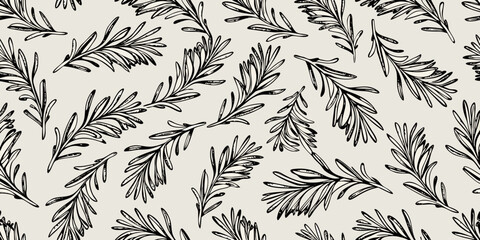 Rosemary branch pattern seamless hand drawn botanical illustration on beige © Huraya