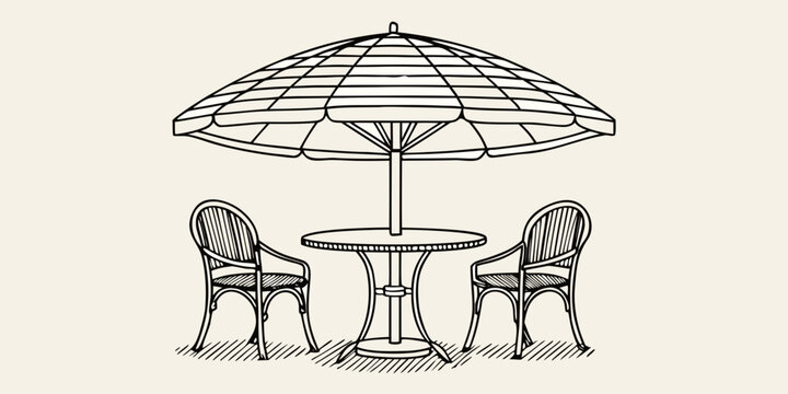 Outdoor cafe table and chairs with parasol line art illustration