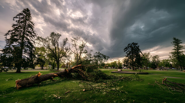 Strong windstorm uprooting trees in park