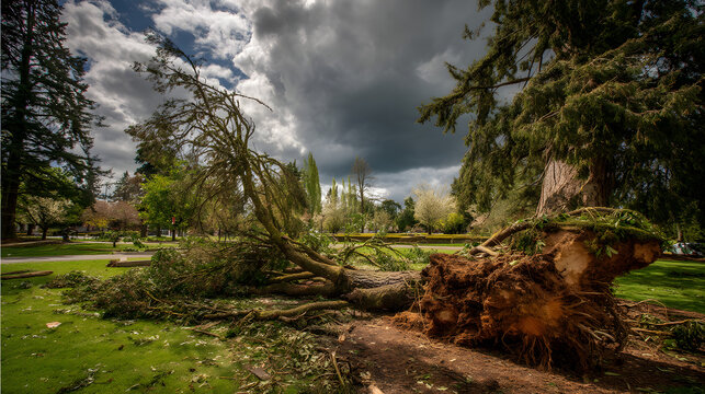 Strong windstorm uprooting trees in park