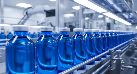 Fototapeta premium Blue water bottles on a factory production line. Generative AI