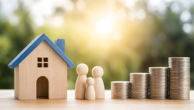 A wooden house with blue roof and family figures next to stacked coins on a table outdoors