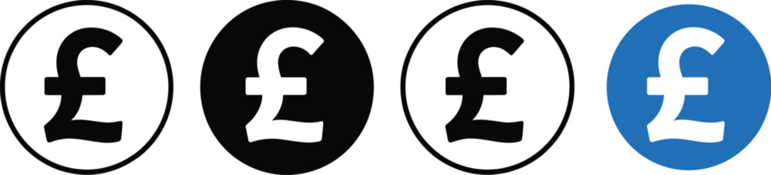 Pound sterling symbol set, four variations in colored circles representing British currency finance money value and economic concept design elements.