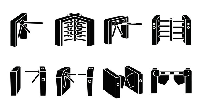 Collection of modern security turnstile and barrier gate icons, vector illustration