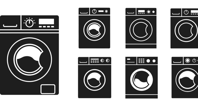 Collection of Washing Machine Icons, Front Loaders, Laundry Appliances