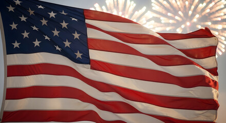 Obraz premium American flag waving with fireworks in background