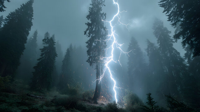 Lightning striking a tall tree in a stormy forest