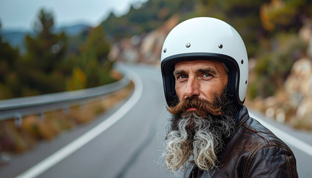 Un motorista con casco blanco y barba larga en carretera y paisaje de monta&ntilde;a con curvas concepto de libertad, aventura para campa&ntilde;as de lifestyle, moteros y esp&iacute;ritu explorador