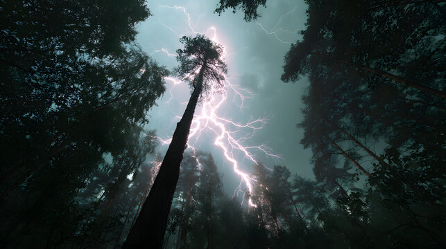 Lightning striking a tall tree in a stormy forest
