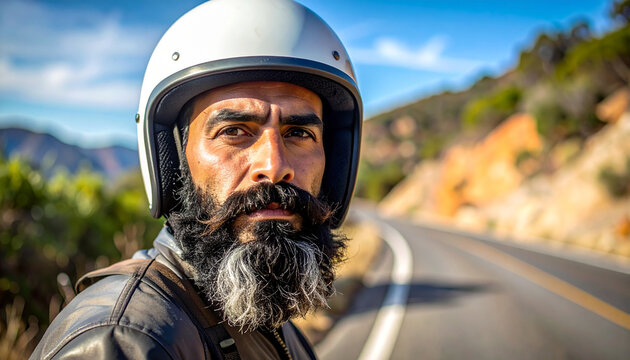 Un motorista con casco blanco y barba larga en carretera y paisaje de monta&ntilde;a con curvas concepto de libertad, aventura para campa&ntilde;as de lifestyle, moteros y esp&iacute;ritu explorador