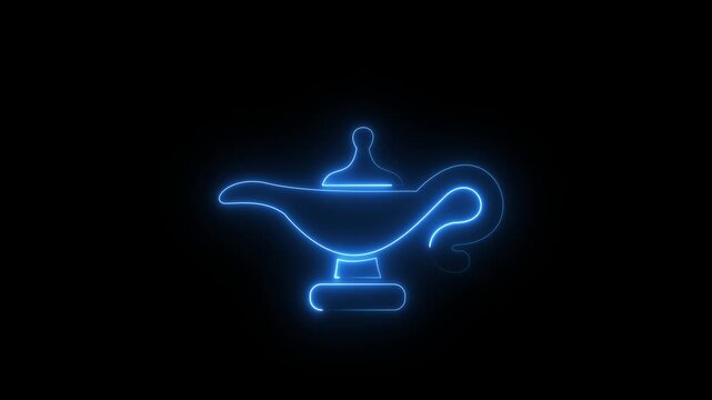 Blue Neon Outline of a Traditional Magic Lamp on Black Background genie lamp Aladdin lamp