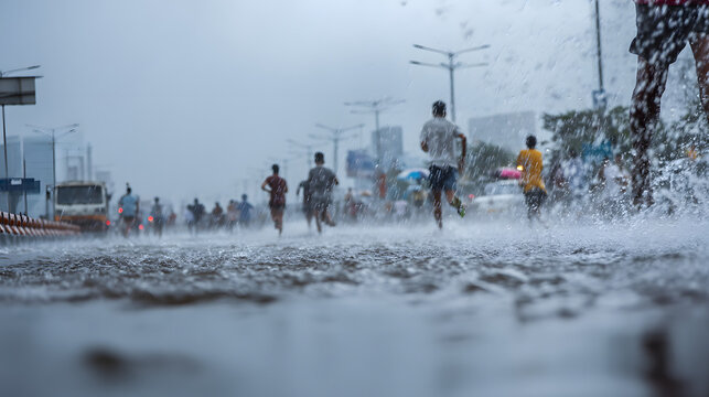 Heavy rain causing flash flood in urban street