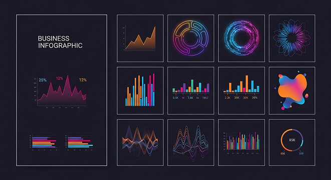 Set of modern colorful business infographics and data visualization elements on dark background with infographic business visualization analysis statistics colorful dashboard elements research