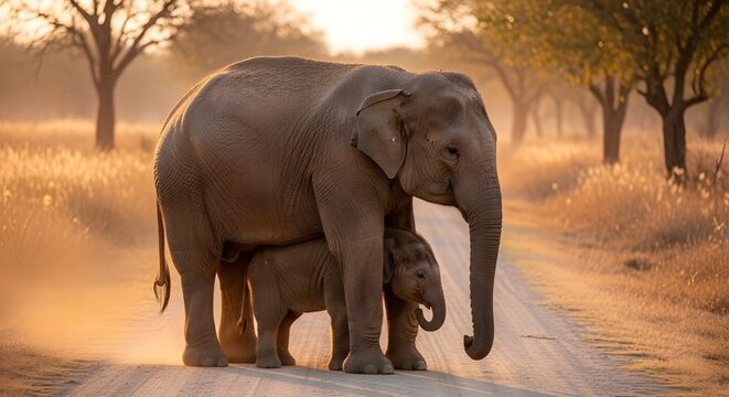 Elephant Calf Sheltering Under Mother on Dusty Village Road at Golden Hour &ndash; Hyper Realistic 8K Wildlife Portrait