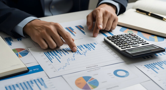 Business analysis with charts and calculator