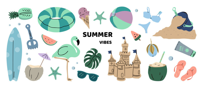 Summer beach fun collection with flamingo sandcastle swimwear inflatable ring ice cream summer time beach toys illustration art collection flamingo sandcastle swimwear surfboard sunglasses