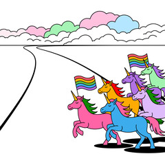 Rainbow Unicorns Running on Road with Pride Flags © Zaheer