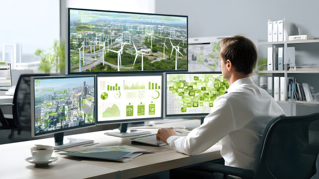 Engineer analyzing smart grid data