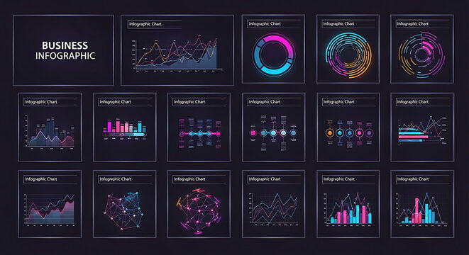 Collection of business infographic elements and neon style data charts with infographic business dashboard analytics statistics marketing elements corporate presentation analysis colorful