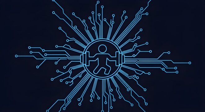 Weightlifter icon integrated with glowing circuit board lines Growth Technology Background