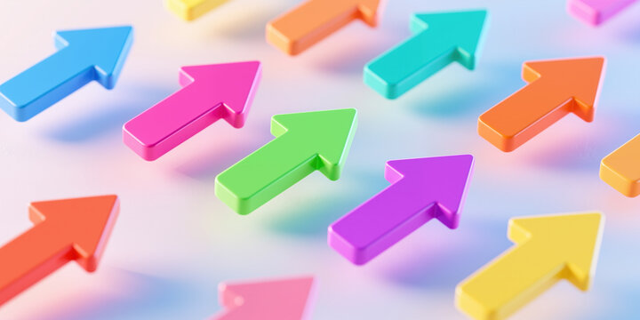 Multiple bright, objects scattered around, directed upwards, in shades of blue, pink, green, orange, purple, and yellow, on a light background.