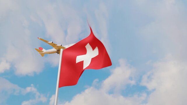 Switzerland Flag waving against a clear blue sky as an airplane passes overhead. This 3D animation represents Swiss tourism, international transport, and professional aviation services.