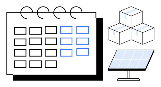 Business planning, logistics, renewable energy, scheduling, inventory management, green operations. Visual of a calendar, stacked boxes and a solar panel. Scheduling and logistics concept