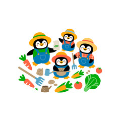 Fototapeta premium Penguins Farming Vegetables in Garden