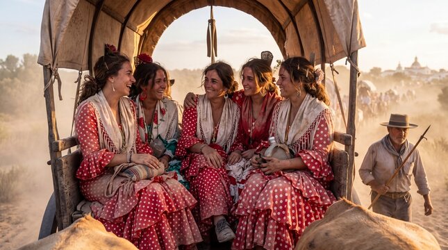 Group of joyful women in red flamenco dresses during El Rocio pilgrimage