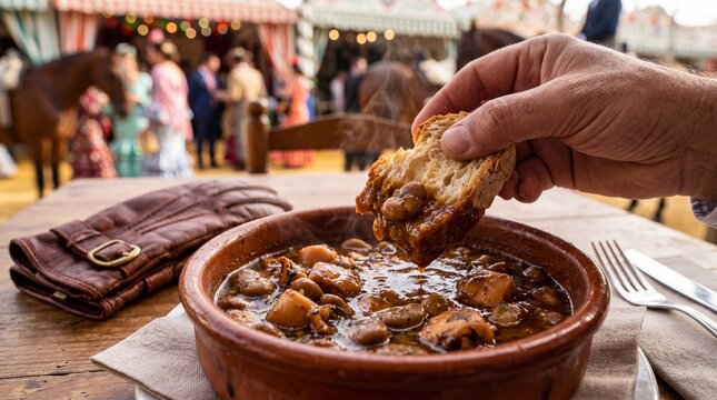 Traditional Spanish choco con habas cuttlefish stew at the Jerez festival