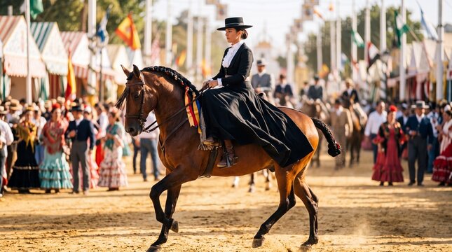 Spanish woman riding in Amazon sidesaddle style at the Jerez horse festival