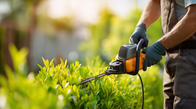 Rear view of a person pruning a hedge with a trimming machine in a sunny backyard, garden maintenance concept, lawn care activity, outdoor home upkeep, defocused background, with copy space