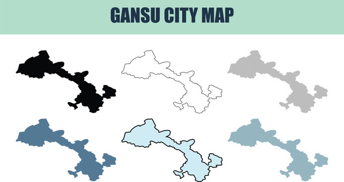 Gansu City map variations in six style fill stock fill stock and line art for regional data visualization