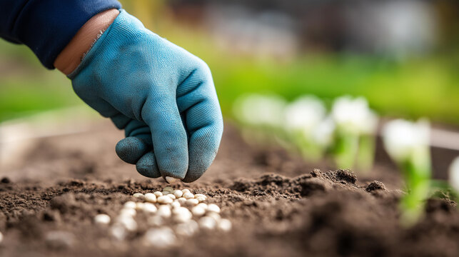Close-up of soil close-up with small seeds being pressed in by a gloved finger, seed sowing concept, spring planting detail, garden activity, defocused background, with copy space