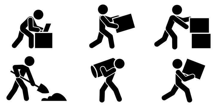 stickman delivery labor logistics icon set