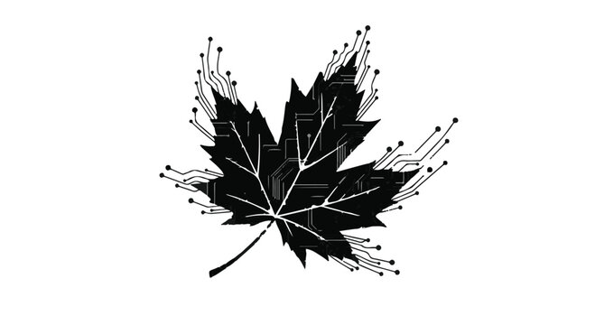 Maple leaf integrated with circuit board patterns symbolizes nature and technology.