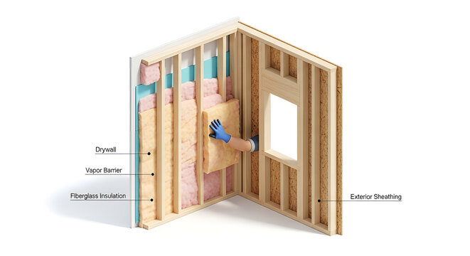 Detailed cutaway view of residential wall construction, highlighting a professional hand installing thermal insulation for enhanced energy efficiency and soundproofing