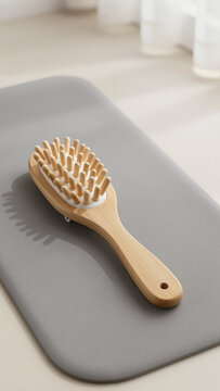 Simple Bamboo Backscratcher Lying on Soft Gray Yoga Mat