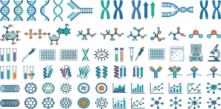 Advanced genetic engineering and biochemistry vector set featuring DNA helix chromosomes molecular structures laboratory equipment proteins and data analytics icons for scientific research.