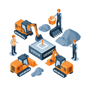 Isometric Construction Site with Heavy Machinery and Workers.