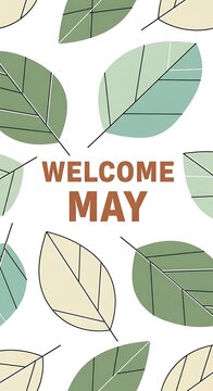 welcome may spring greeting card with green leaves and bold text design