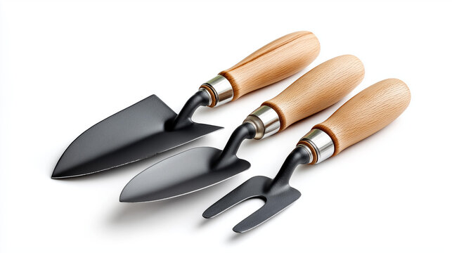Close-up of hand tools &mdash; trowel, cultivator and weeder &mdash; isolated neatly on a white background, essential garden tools concept, product display, gardening equipment, with copy space