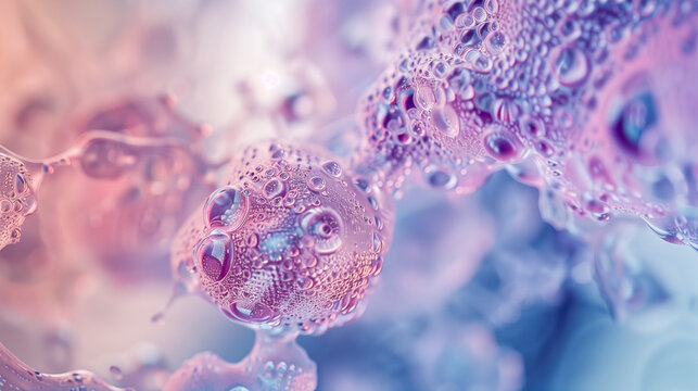 Microscopic organic structure, cellular texture with liquid droplets, biotech science background, macro detail