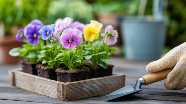 Close-up of colorful pansy seedlings ready in trays beside a trowel and gloves, spring planting preparation concept, flower garden activity, home horticulture, defocused background, with