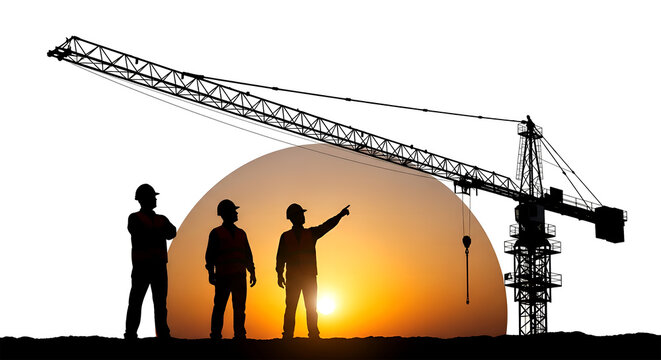 Silhouette of dedicated construction workers and a powerful crane against a vibrant sunset, symbolizing teamwork, progress, and the strong foundations of the building industry