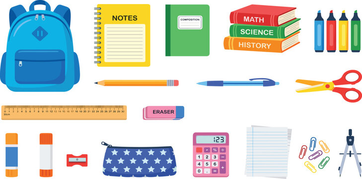 Back to school stationery vector set featuring blue backpack notebooks textbooks markers pencil case calculator and essential classroom supplies for student education.